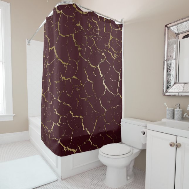 Cracked Burgundy Maroon Bordeaux Gold Luxury Shower Curtain (In Situ)