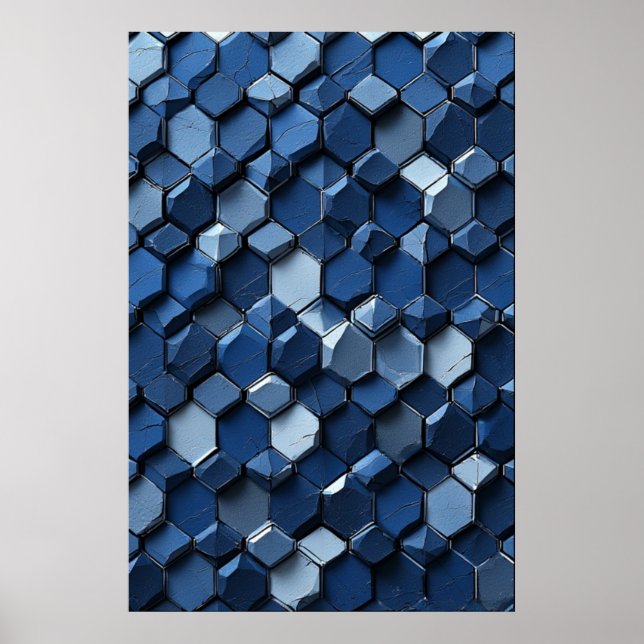Cracked Hexagonal Tiles: Abstract Blue Geometric Poster (Front)
