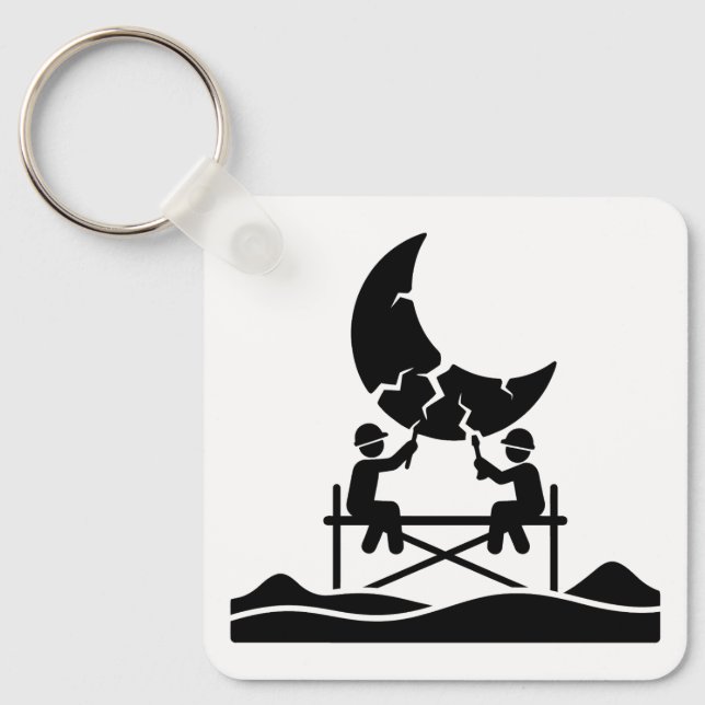 Cracked moon repair workers on scaffold fixing sky key ring (Front)