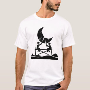 Cracked moon repair workers on scaffold fixing sky T-Shirt