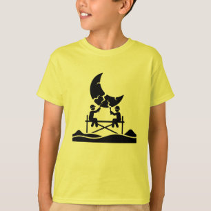 Cracked moon repair workers on scaffold fixing sky T-Shirt