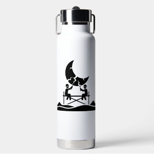 Cracked moon repair workers on scaffold fixing sky water bottle