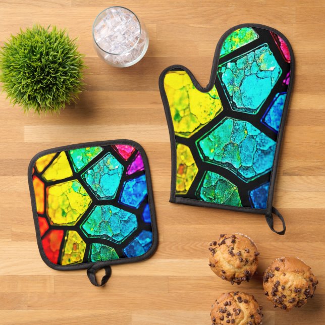 Cracked Rainbow Stained Glass Art Oven Mitt & Pot Holder Set (Top Down)