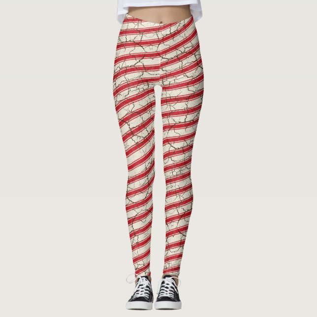 Cracked Red Striped Candy Cane Leggings (Front)