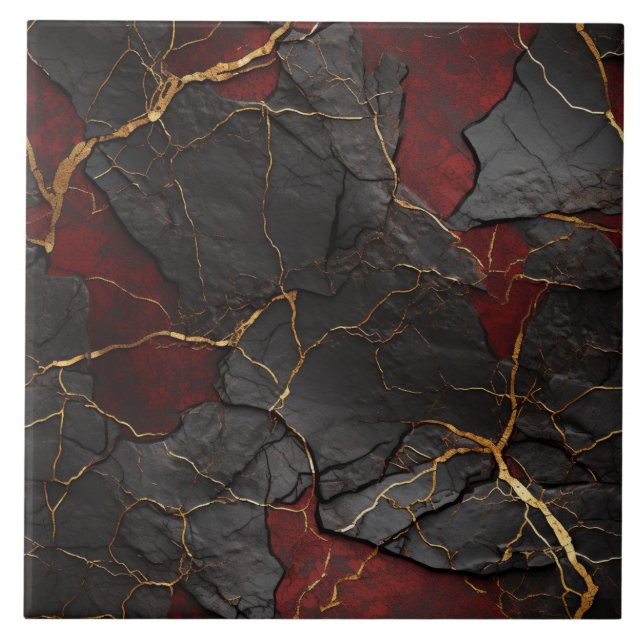Cracked Stone Texture, Red Black & Gold Tile (Front)