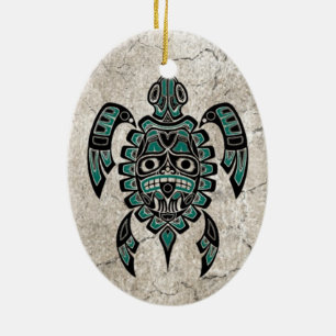 Cracked Teal Blue Haida Spirit Sea Turtle Ceramic Tree Decoration