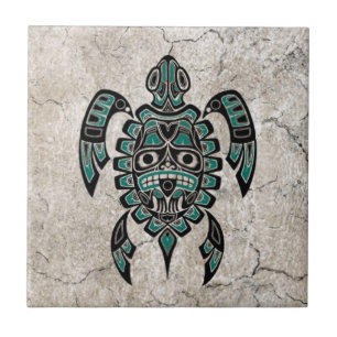 Cracked Teal Blue Haida Spirit Sea Turtle Tile
