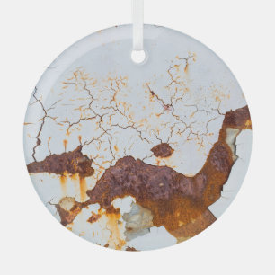 Cracked white paint, rusty car. glass tree decoration