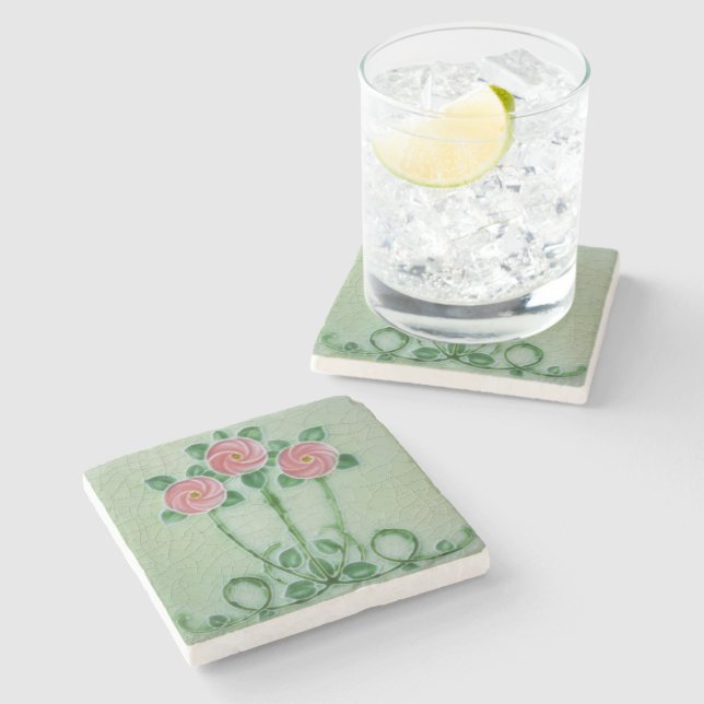 Crackle Glaze Elegant Art Nouveau Design   Stone Coaster (Side)