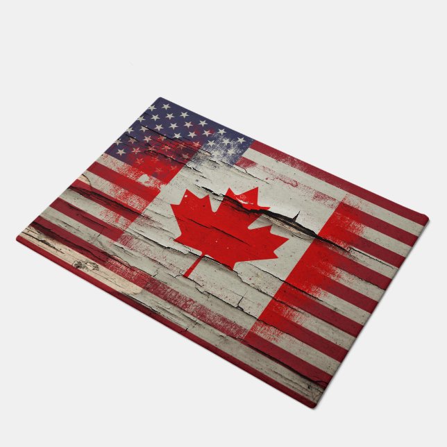 Crackle Paint | Canadian American Flag Doormat (Angled)