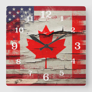 Crackle Paint   Canadian American Flag Square Wall Clock