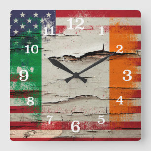 Crackle Paint Irish American Flag Square Wall Clock