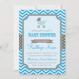 Cradle - Polka Dots and Chevron Blue Baby Shower Invitation