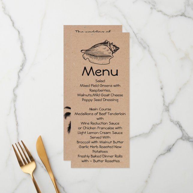 Craft Beach Theme Skinny Wedding Table Menu (Front/Back In Situ)