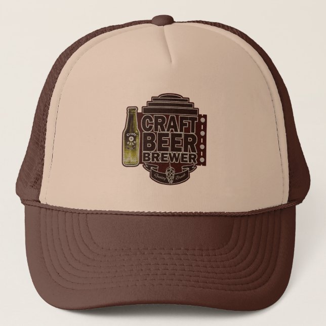 Craft Beer Brewer - Brown Wood-Grain Look Logo Trucker Hat (Front)