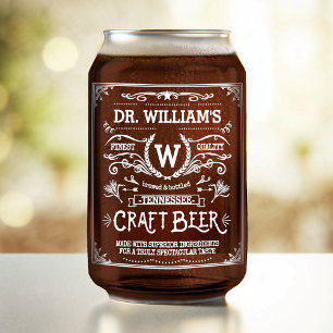 Craft Beer Custom Name Monogram Vintage Look White Can Glass