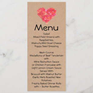 Craft Hearts Skinny Wedding Table Menu