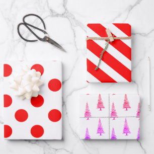 Craft Modern Red Christmas Dots, Stripes and Tree  Wrapping Paper Sheet