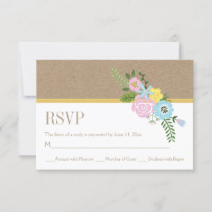 Craft paper and pink, aqua flowers wedding RSVP Card