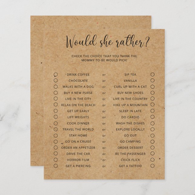 Craft Would She Rather Minimalist Baby Shower Game (Front/Back)