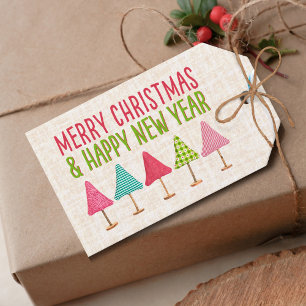Crafted Christmas Trees, Pink Red Green Linen Gift Tags