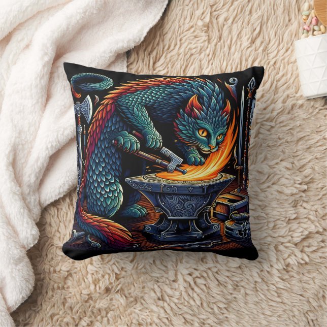 Crafting Flames: Cat Blacksmith at Work Cushion (Blanket)