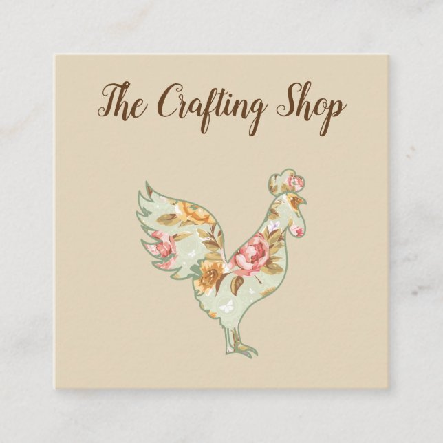 Crafting Supply Floral Rooster Design Square Business Card (Front)