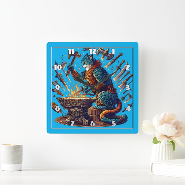 Crafting Weapons in a Fantasy Blacksmith Square Wall Clock (Home)