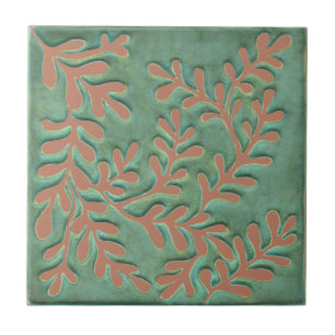 Craftsman Ceramic tile, green & blush leaves Tile