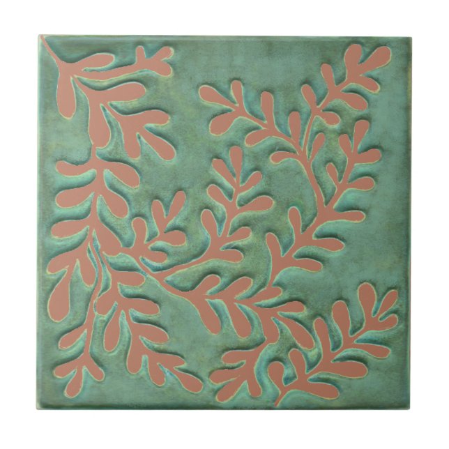 Craftsman Ceramic tile, green & blush leaves Tile (Front)