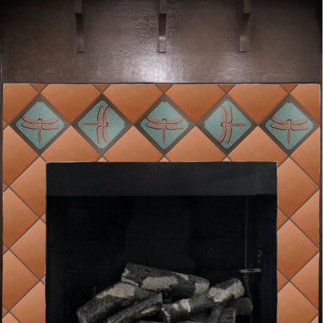 Craftsman Dragonfly Tile, Green and copper Tile (Dragon fly tile on a fireplace with deep copper field tiles.)