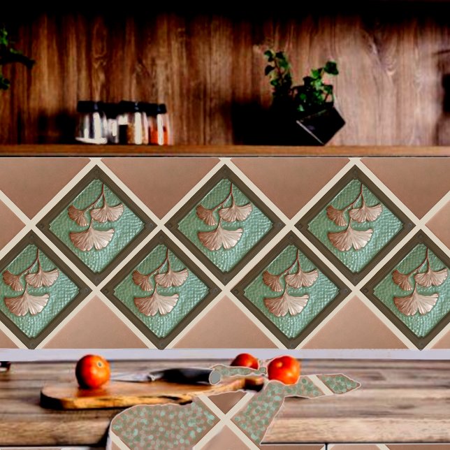 Craftsman Gingko Leaf Ceramic Tile (Gingko tile shown on a kitchen backsplash installed diagonally.)