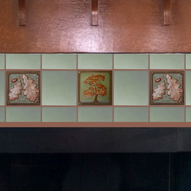 Craftsman Oak Tree Ceramic Tile  (Oak Tree tile shown on a fireplace with Oak leaf tiles and matching field tiles.)
