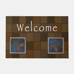 Craftsman Welcome Mat with brown pinecone