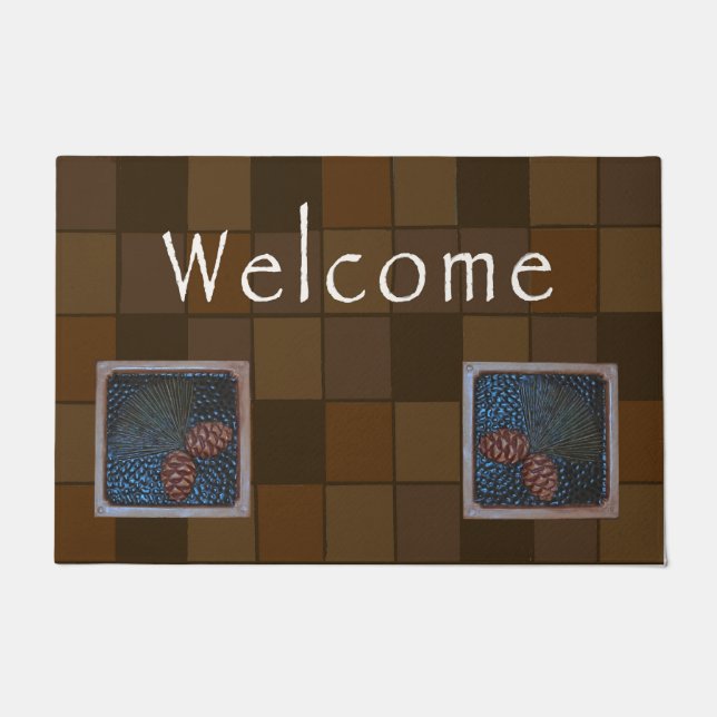 Craftsman Welcome Mat with brown pinecone (Front)
