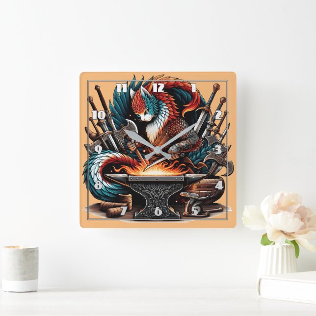 Crafty Cat Blacksmith in Colourful Fantasy Worksho Square Wall Clock (Home)
