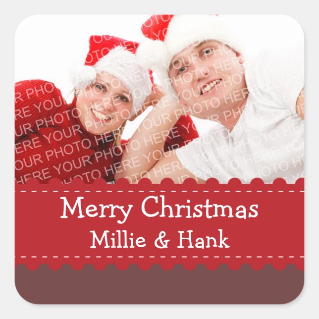 Crafty red ribbon photo Merry Christmas sticker (Front)