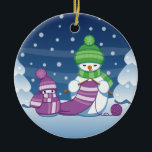 Crafty Snowman Knitting Scarf Ceramic Tree Decoration<br><div class="desc">Vector illustration of two adorable cartoon snowmen dressed in knitted hats and scarves. The big crafty snowman is knitting an oversized scarf for the little one. The scarf is already wrapped several times around the cute little snowman.</div>