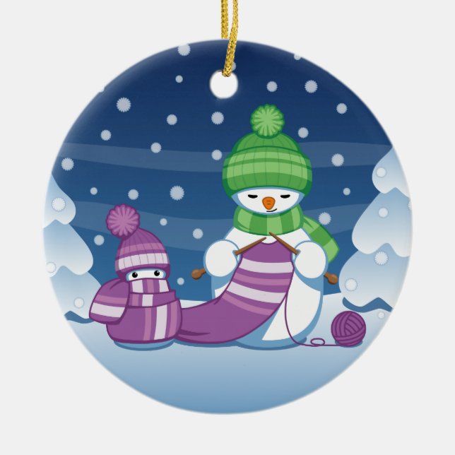 Crafty Snowman Knitting Scarf Ceramic Tree Decoration (Front)