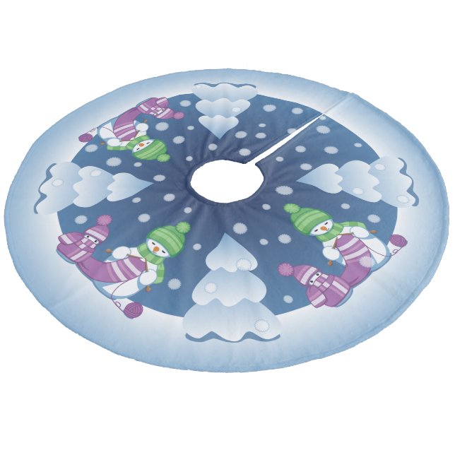 Crafty Snowman Knitting Scarf Fleece Tree Skirt (Angled)