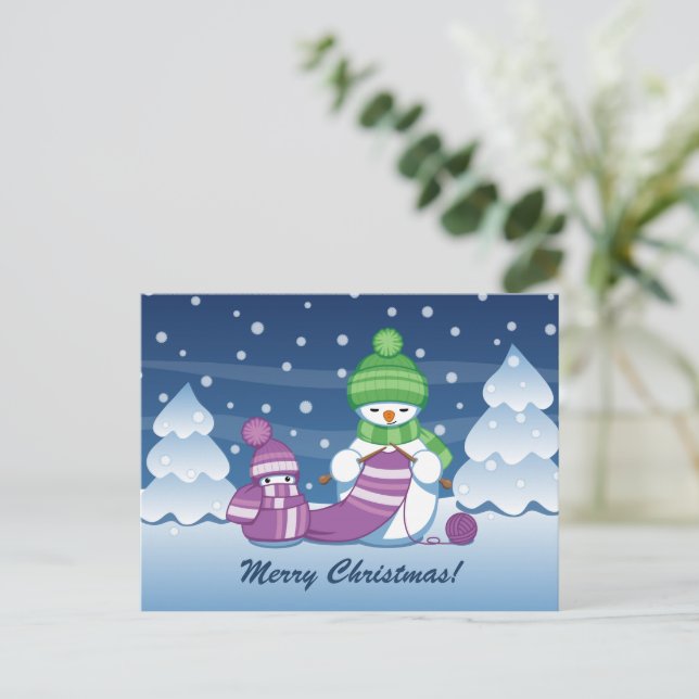 Crafty Snowman Knitting Scarf Holiday Postcard (Standing Front)