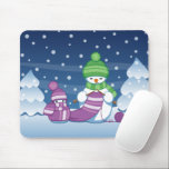 Crafty Snowman Knitting Scarf Mouse Mat<br><div class="desc">Vector illustration of two adorable cartoon snowmen dressed in knitted hats and scarves. The big crafty snowman is knitting an oversized scarf for the little one. The scarf is already wrapped several times around the cute little snowman.</div>