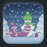 Crafty Snowman Knitting Scarf Paper Plate<br><div class="desc">Vector illustration of two adorable cartoon snowmen dressed in knitted hats and scarves. The big crafty snowman is knitting an oversized scarf for the little one. The scarf is already wrapped several times around the cute little snowman.</div>