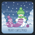 Crafty Snowman Knitting Scarf Square Sticker<br><div class="desc">Vector illustration of two adorable cartoon snowmen dressed in knitted hats and scarves. The big crafty snowman is knitting an oversized scarf for the little one. The scarf is already wrapped several times around the cute little snowman.</div>