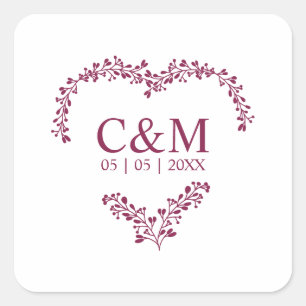 Cramberry Branches Heart with Initials Square Sticker