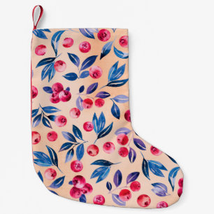 Cranberries and leaves, watercolor red wild berrie small christmas stocking