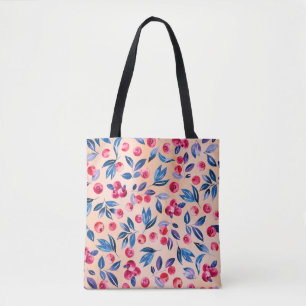 Cranberries and leaves, watercolor red wild berrie tote bag