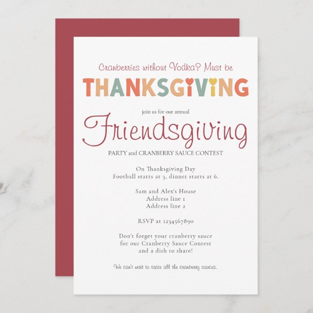 Cranberries Without Vodka Friendsgiving Dinner Invitation (Front/Back)