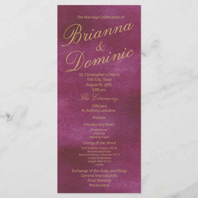Cranberry and Gold Watercolor Wedding Programme (Front)