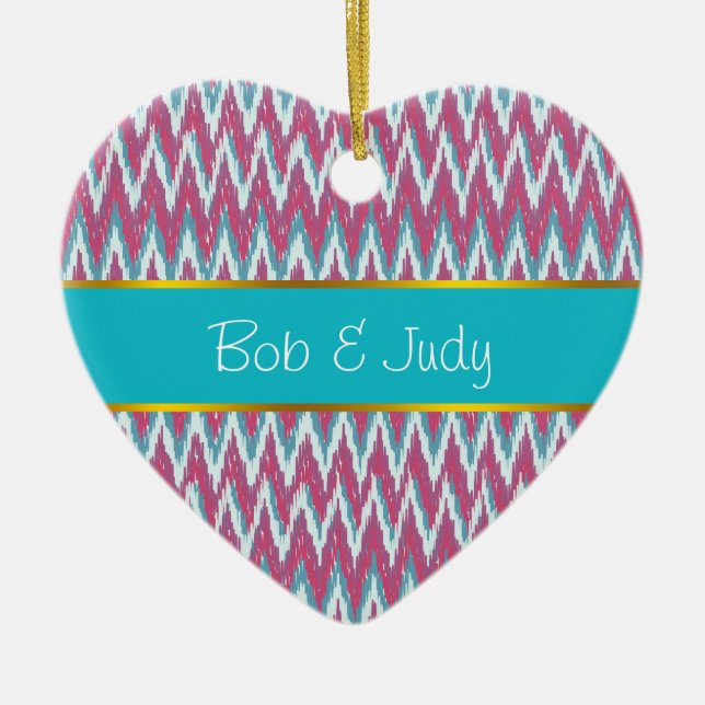 Cranberry and Teal iKat ZigZag Pattern Ceramic Tree Decoration (Front)